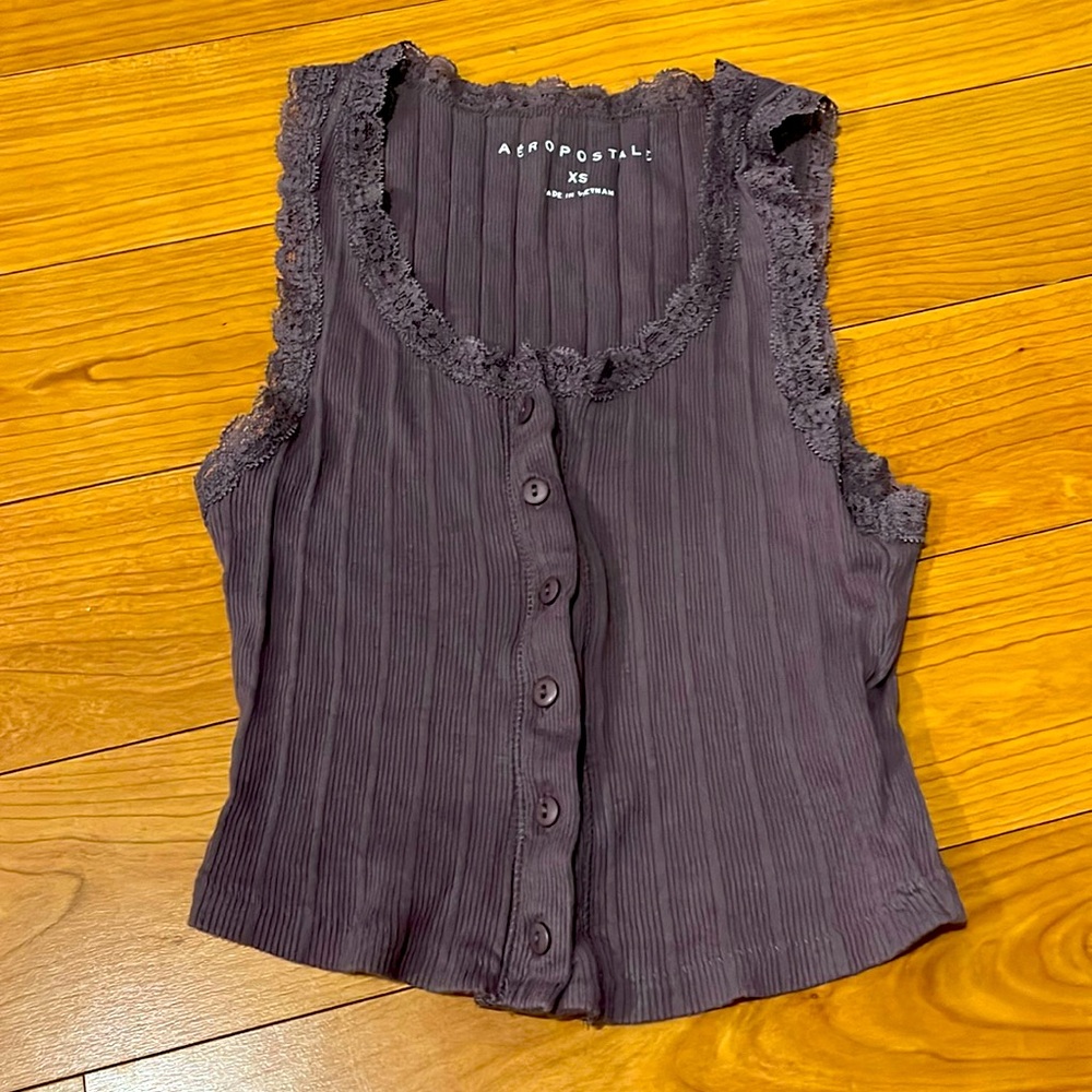 3/$20 Aeropostale purple button down tank with lace trim